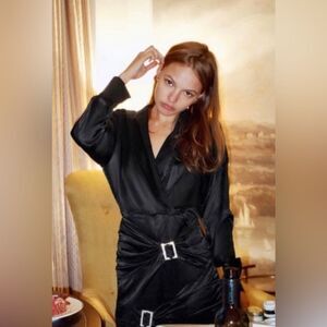 NWT ZARA Wrap like dress w/ ruched waist with rhinestone buckle detail Black Tie